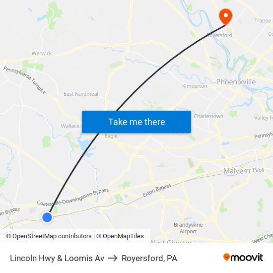 Lincoln Hwy & Loomis Av to Royersford, PA map