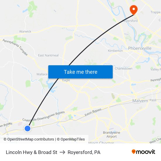 Lincoln Hwy & Broad St to Royersford, PA map