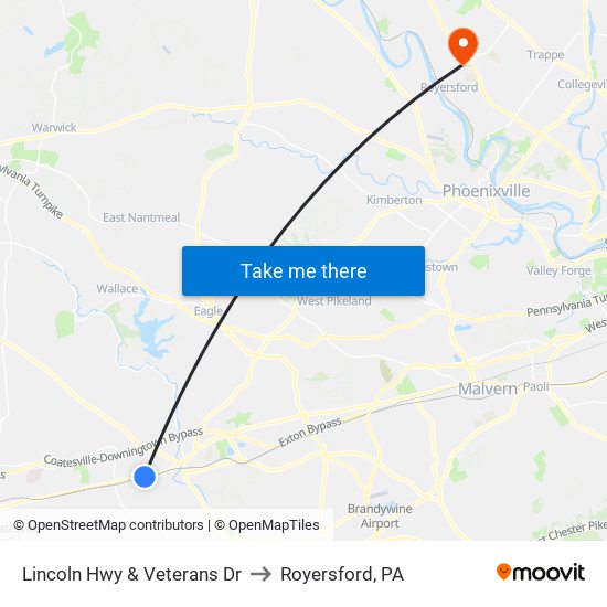 Lincoln Hwy & Veterans Dr to Royersford, PA map