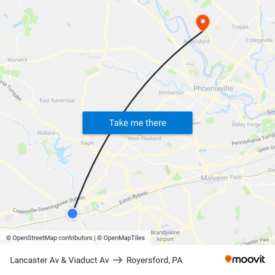 Lancaster Av & Viaduct Av to Royersford, PA map