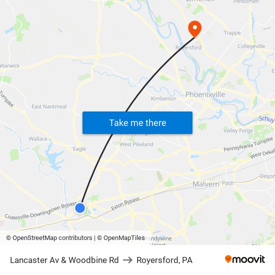 Lancaster Av & Woodbine Rd to Royersford, PA map