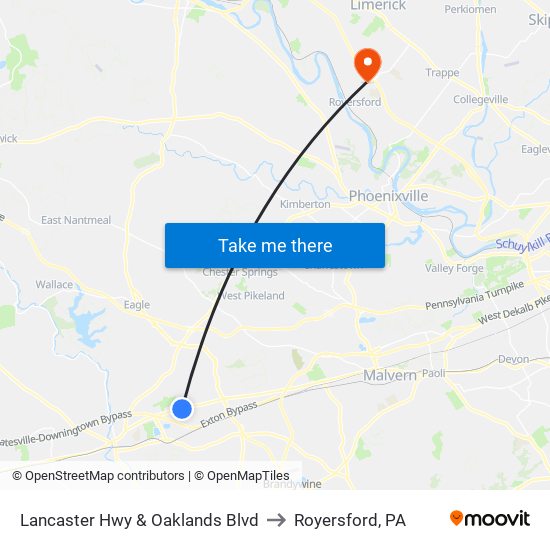 Lancaster Hwy & Oaklands Blvd to Royersford, PA map