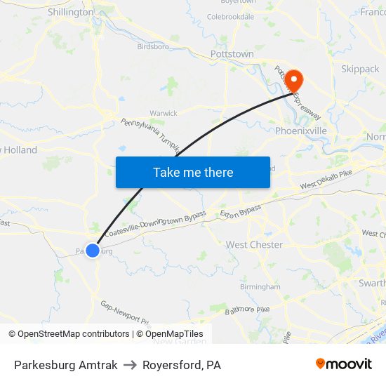 Parkesburg Amtrak to Royersford, PA map