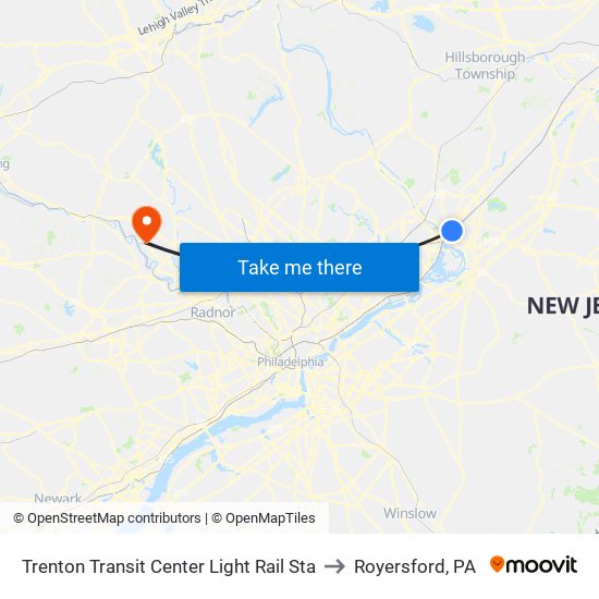 Trenton Transit Center Light Rail Sta to Royersford, PA map
