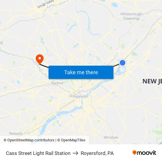 Cass Street Light Rail Station to Royersford, PA map