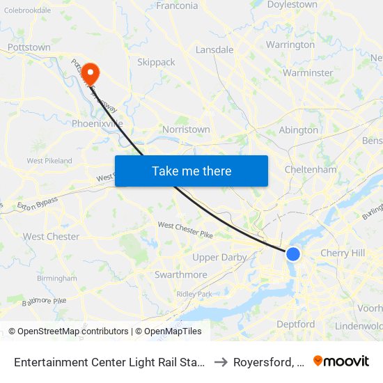 Entertainment Center Light Rail Station to Royersford, PA map