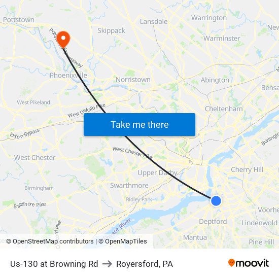 Us-130 at Browning Rd to Royersford, PA map