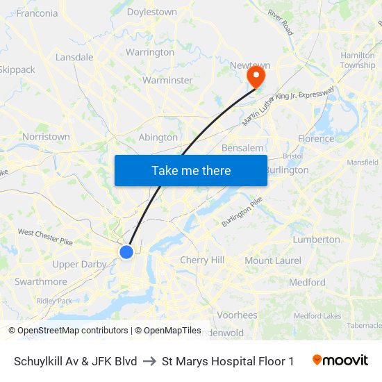 Schuylkill Av & JFK Blvd to St Marys Hospital Floor 1 map