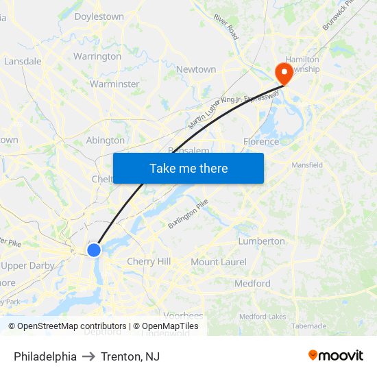 Philadelphia to Trenton, NJ map