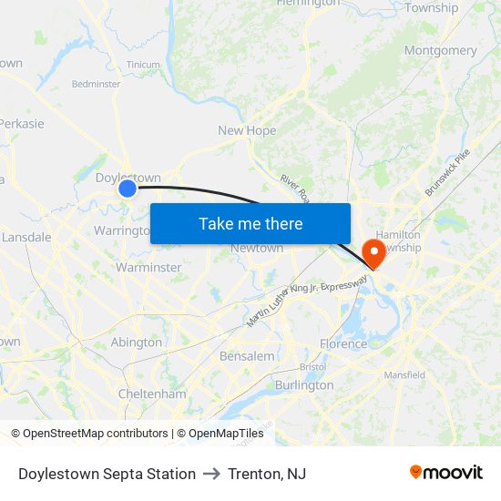 Doylestown Septa Station to Trenton, NJ map