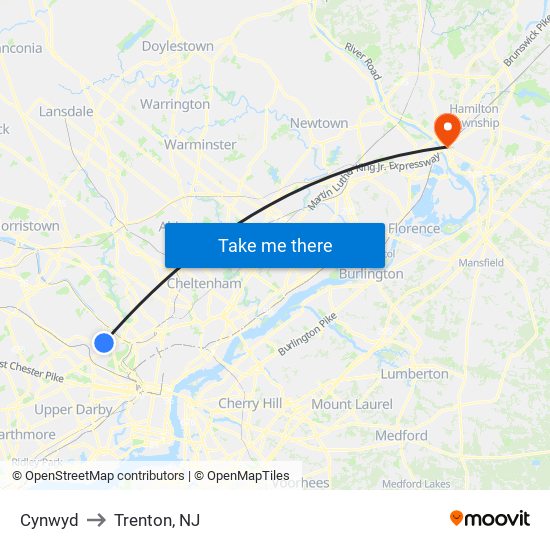 Cynwyd to Trenton, NJ map