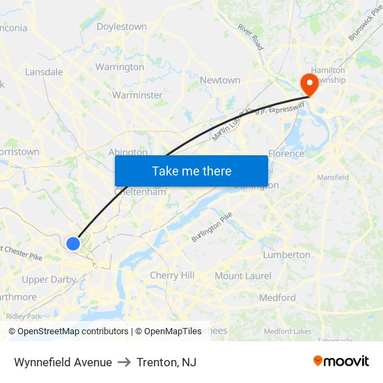 Wynnefield Avenue to Trenton, NJ map