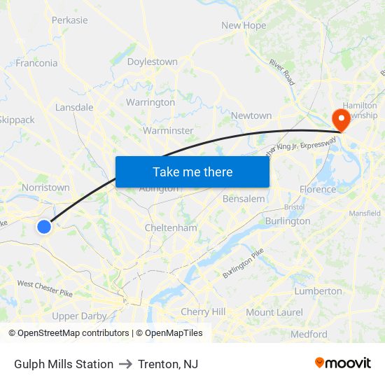 Gulph Mills Station to Trenton, NJ map