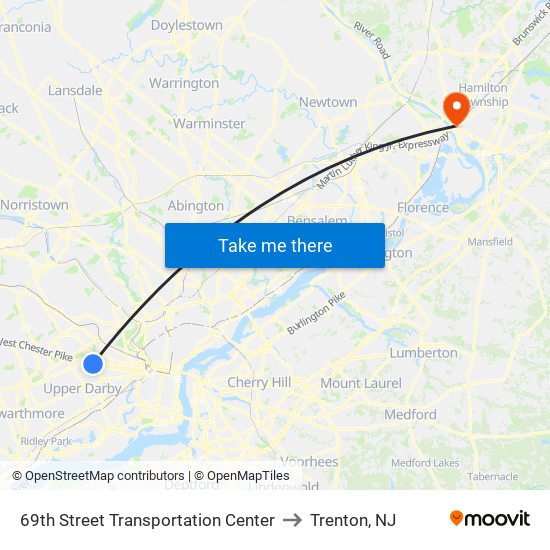 69th Street Transportation Center to Trenton, NJ map