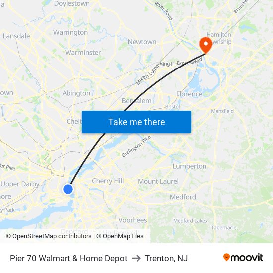 Pier 70 Walmart & Home Depot to Trenton, NJ map