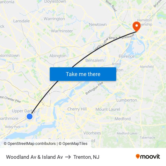 Woodland Av & Island Av to Trenton, NJ map