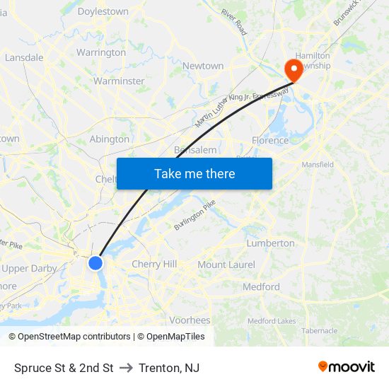 Spruce St & 2nd St to Trenton, NJ map