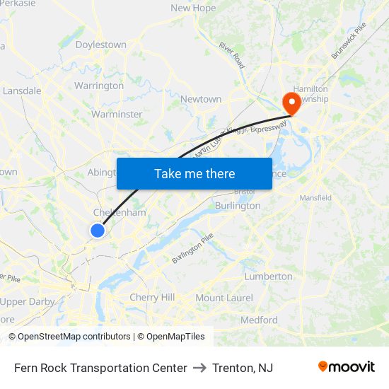Fern Rock Transportation Center to Trenton, NJ map