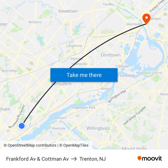 Frankford Av & Cottman Av to Trenton, NJ map