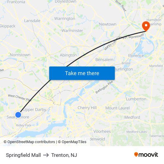Springfield Mall to Trenton, NJ map
