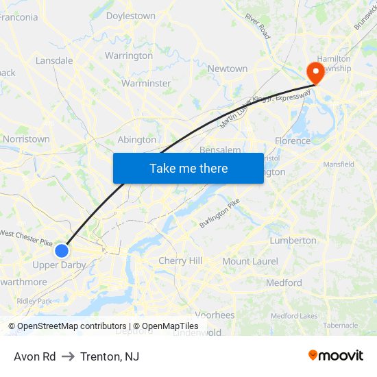 Avon Rd to Trenton, NJ map