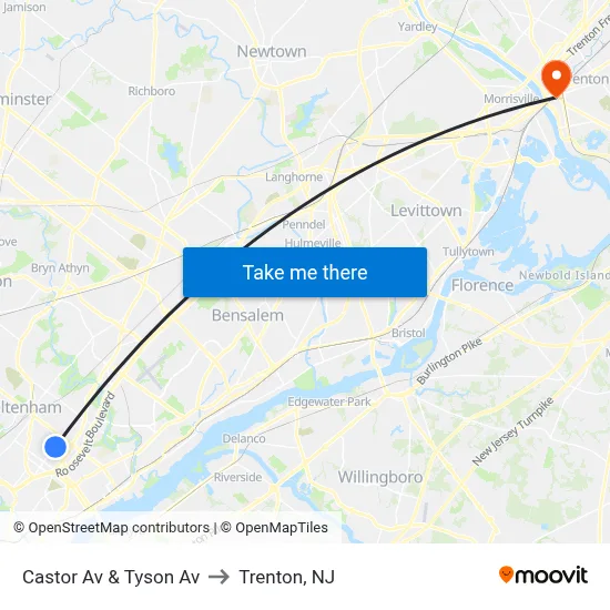 Castor Av & Tyson Av to Trenton, NJ map