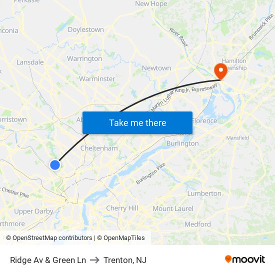 Ridge Av & Green Ln to Trenton, NJ map