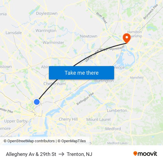 Allegheny Av & 29th St to Trenton, NJ map