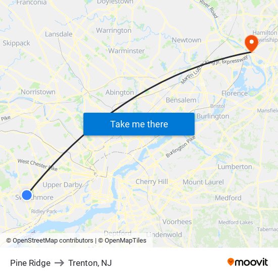 Pine Ridge to Trenton, NJ map