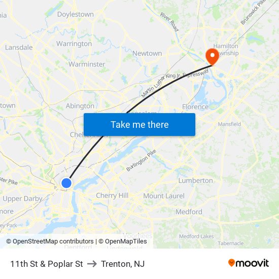 11th St & Poplar St to Trenton, NJ map
