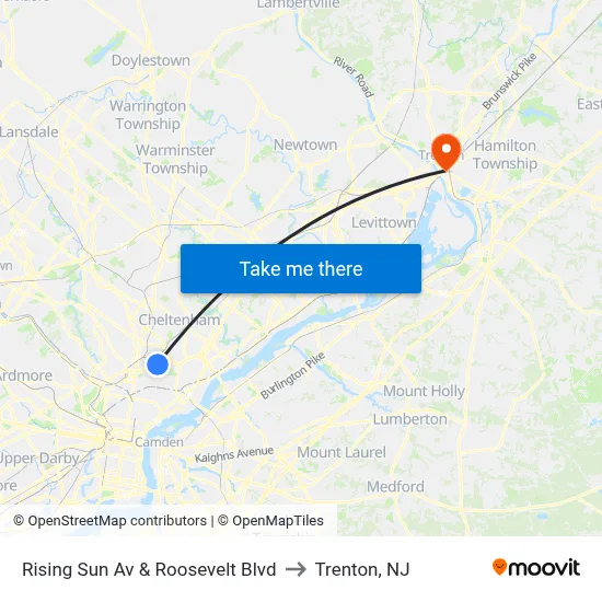 Rising Sun Av & Roosevelt Blvd to Trenton, NJ map