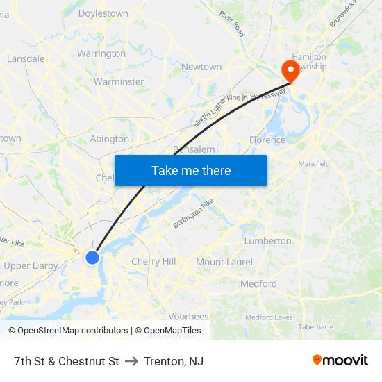 7th St & Chestnut St to Trenton, NJ map