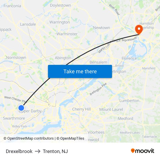 Drexelbrook to Trenton, NJ map