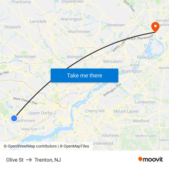 Olive St to Trenton, NJ map