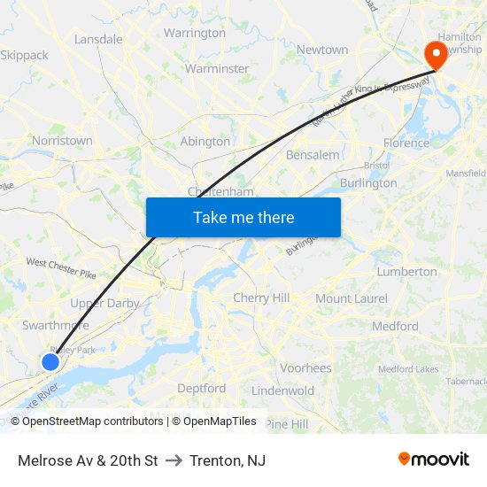 Melrose Av & 20th St to Trenton, NJ map