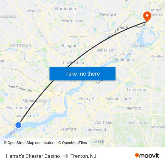 Harrah's Chester Casino to Trenton, NJ map