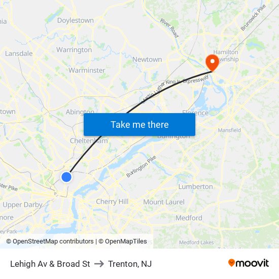 Lehigh Av & Broad St to Trenton, NJ map