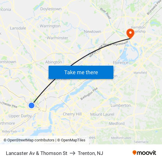 Lancaster Av & Thomson St to Trenton, NJ map