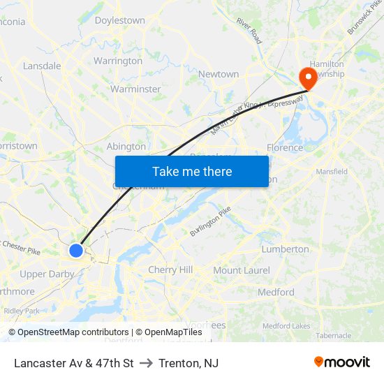 Lancaster Av & 47th St to Trenton, NJ map