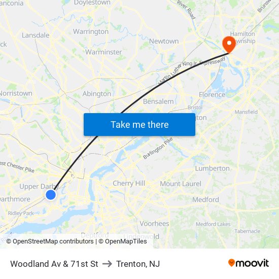 Woodland Av & 71st St to Trenton, NJ map