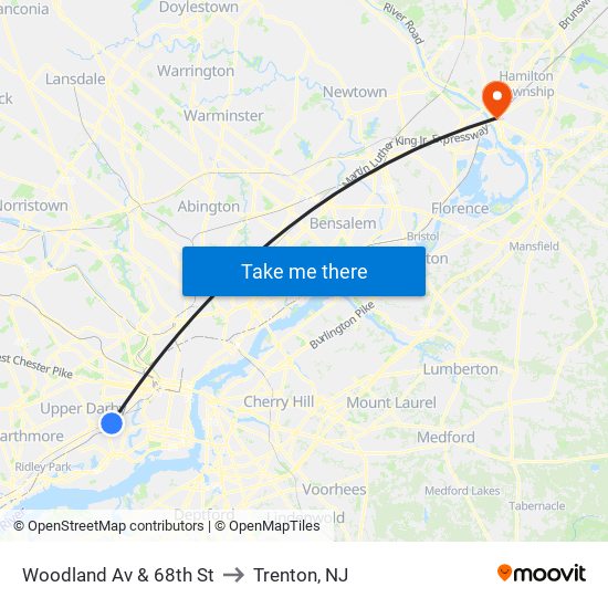 Woodland Av & 68th St to Trenton, NJ map