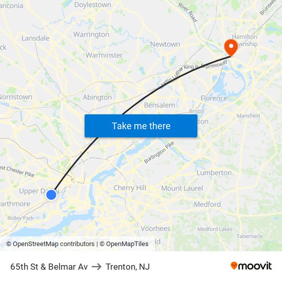 65th St & Belmar Av to Trenton, NJ map