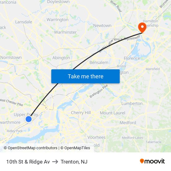 10th St & Ridge Av to Trenton, NJ map