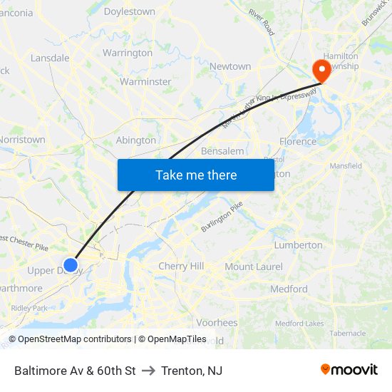 Baltimore Av & 60th St to Trenton, NJ map