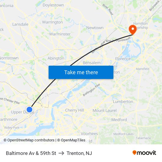 Baltimore Av & 59th St to Trenton, NJ map