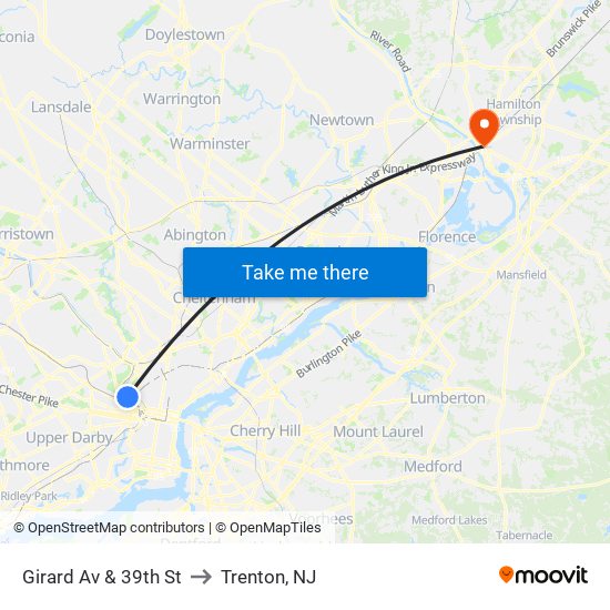 Girard Av & 39th St to Trenton, NJ map
