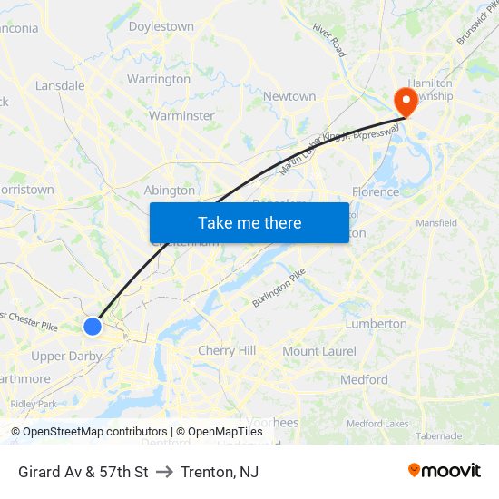 Girard Av & 57th St to Trenton, NJ map