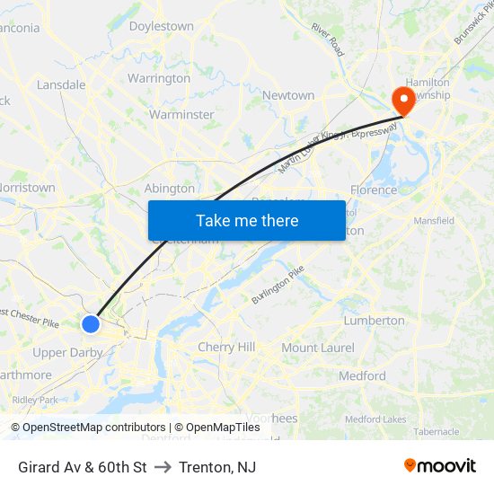 Girard Av & 60th St to Trenton, NJ map