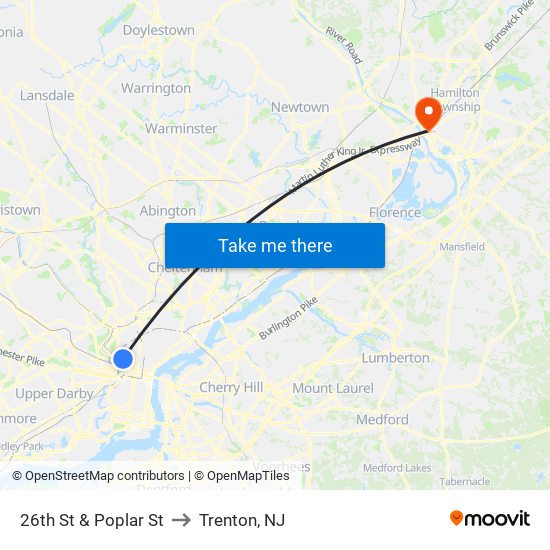 26th St & Poplar St to Trenton, NJ map