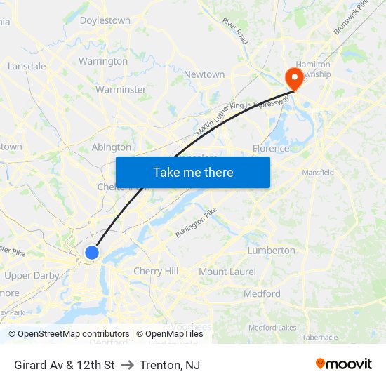 Girard Av & 12th St to Trenton, NJ map